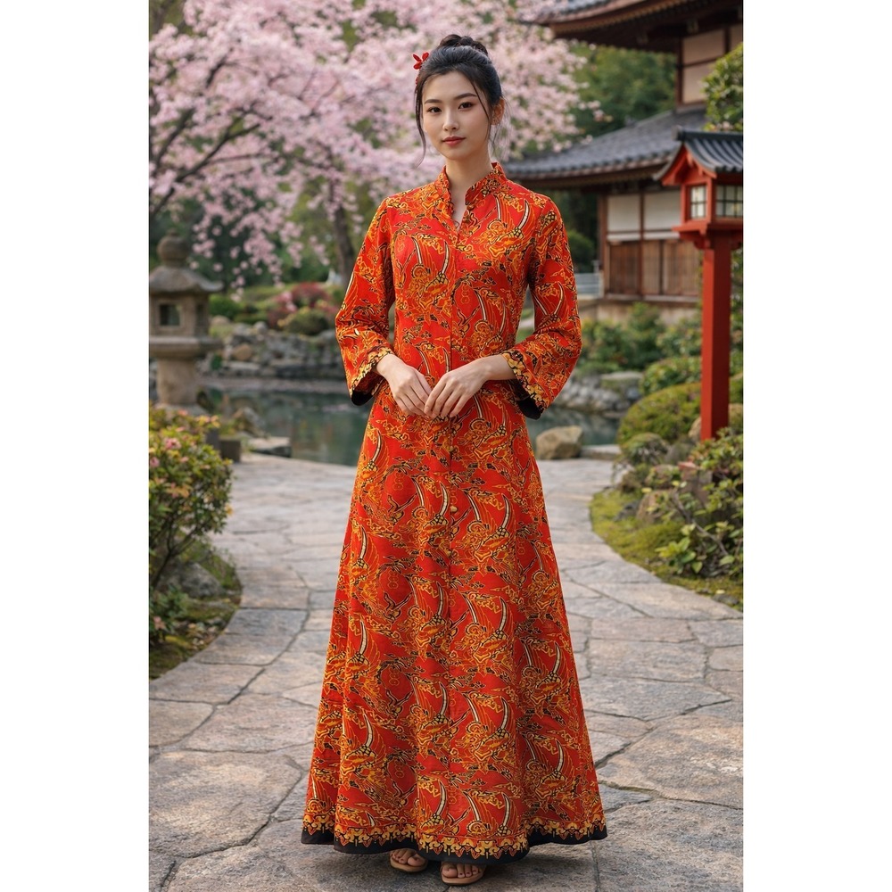 Vintage Handmade Cheong-sam Kimono Full Length Red Dress Made In Singapore Small